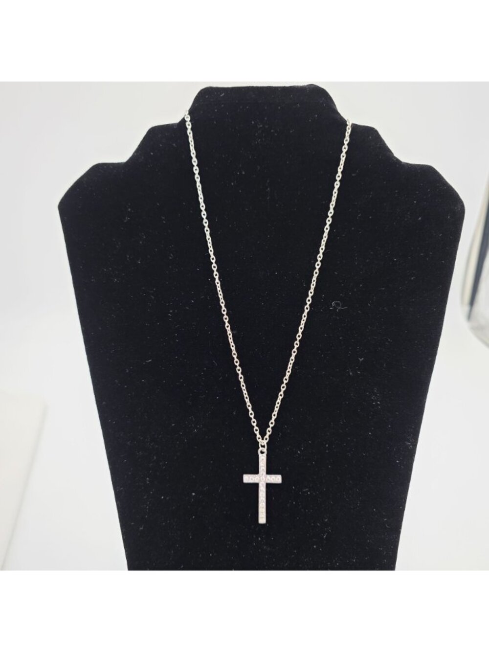 Silver Rhinestone Cross Pendant Necklace By Icing - Picture 2 of 7